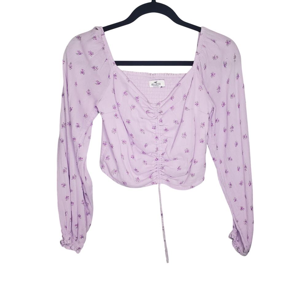Hollister Square Neck Ruched Square Neck Micro Floral Lavender Top M Long Sleeve